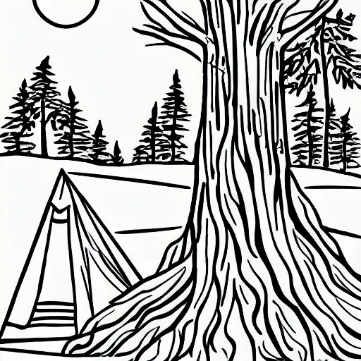 Image similar to simple line art tattoo design of a campsite, tent, trees, moon, fire, zaya, mük Jung