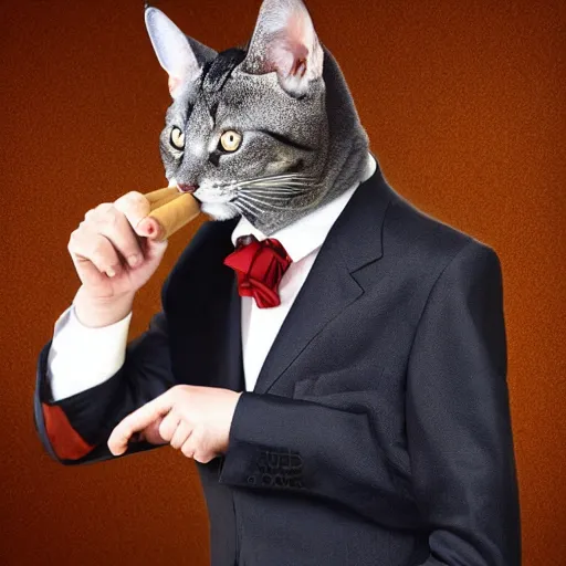 Image similar to an antropomorphic cat wearing a suit smoking a cigar