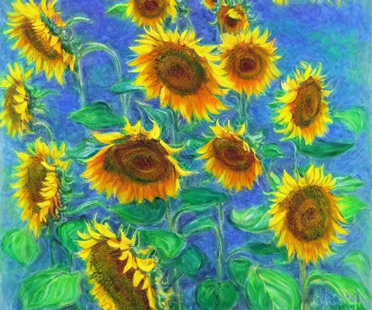 Image similar to sunflowers, monet, water painting, bright colors, sunlight, happy, peaceful, serene, joy