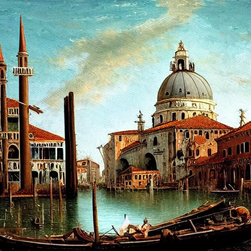 Image similar to beautiful painting of dieselpunk venice with decaying religious monuments alongside mechanical venetian automas in the style of Caspar David Friedrich