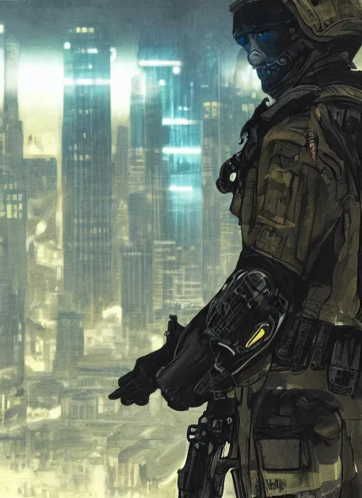 Prompt: Hector. USN blackops operator looking at city skyline. Agent wearing Futuristic stealth suit. rb6s, MGS, and splinter cell Concept art by James Gurney, Alphonso Mucha.