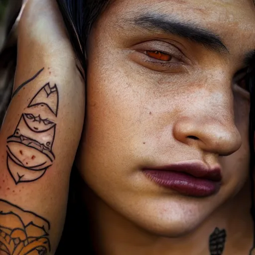 Prompt: a portrait of a maori girl with bottom lip tattoos female, dark eyes, dark hair, olive skin, depth of field, zeiss lens, detailed, centered, artstation, fashion photoshoot, by Annie Leibovitz and Steve McCurry, David Lazar, Jimmy Nelsson, Breathtaking, 8k resolution, extremely detailed, beautiful, establishing shot, artistic, hyperrealistic, beautiful face, octane render