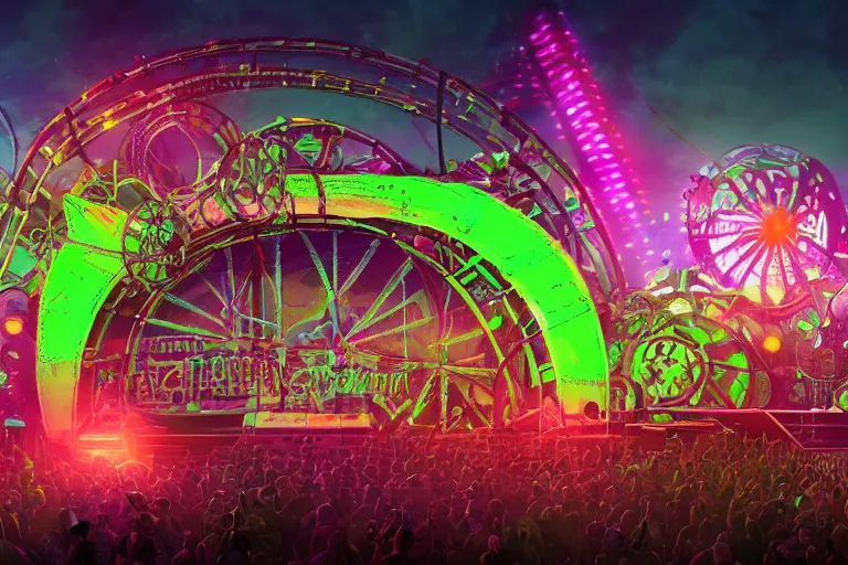 Image similar to an outdoor festival stage, big neon letters tripmachine, center of the stage is a big futuristic steampunk generator with gears and tubes, a rollercoaster wtih steamtrain over the stage, rock musicians on the stage, laser show, 8 k, fluorescent colors, halluzinogenic, multicolored, exaggerated detailed, unreal engine