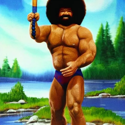 Prompt: bob ross as the worlds strongest man, high detail, vivid colors, happy little trees,