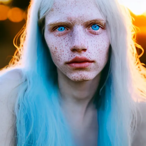 Image similar to beautiful hyperreal portrait of a cute woman, long white hair, freckles, blue eyes, very detailed face, soft smile golden hour, soft focus, 8 k, portra 4 0 0