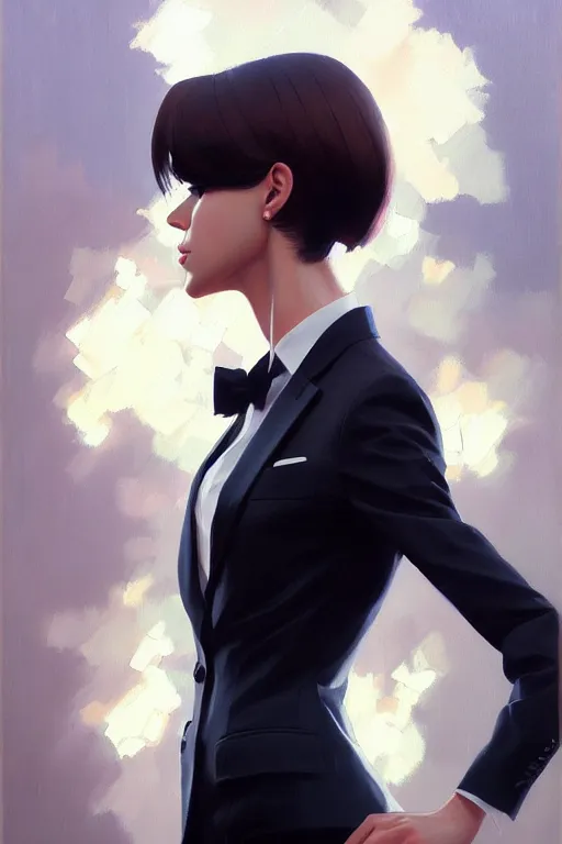 Image similar to a ultradetailed beautiful panting of a stylish woman wearing a formal suit with a tie, oil painting, by ilya kuvshinov, greg rutkowski and makoto shinkai, trending on artstation