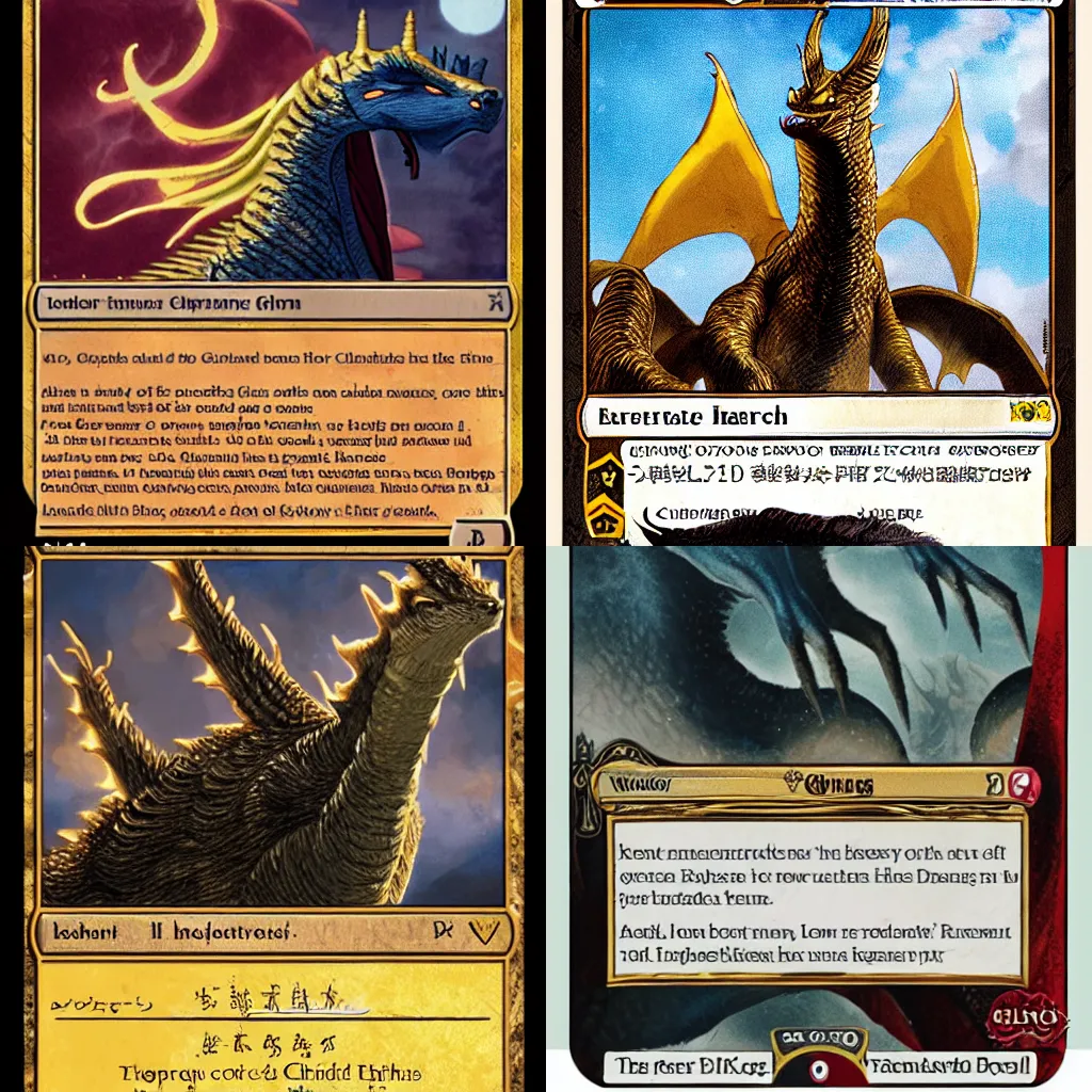 Prompt: King Ghidorah as a Magic: The Gathering card