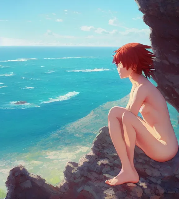 Image similar to a girl sitting on a cliff overlooking a beach. vivid colors, soft lighting, atmospheric, cinematic, moody, in the style of ilya kuvshinov and range murata, krenz cushart, oil on canvas, 8 k