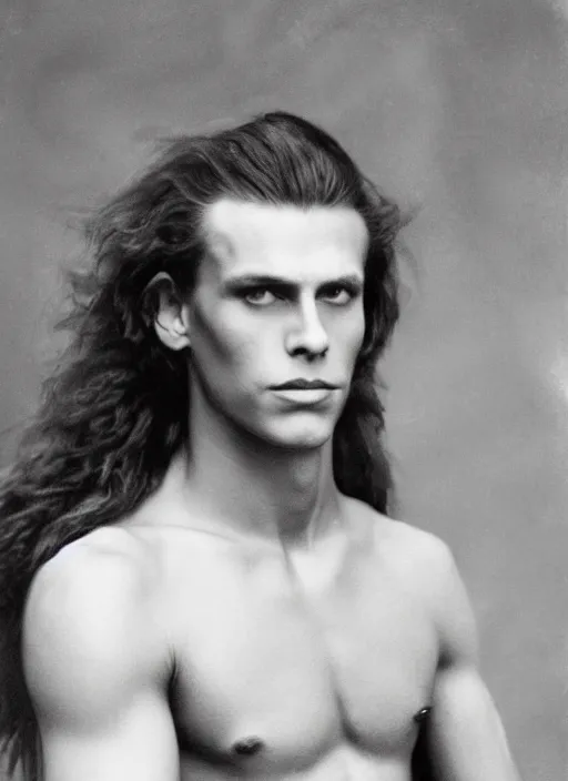 Image similar to a very skinny young Tarzan close-up portrait of young white male, with long dark brown slicked back hair shoulder length