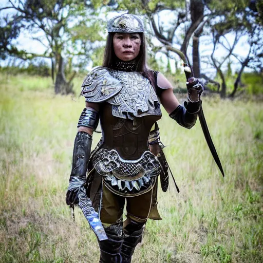 Prompt: photo of a female warrior with metal owl armour