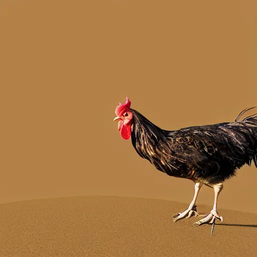 Image similar to realistic photograph of a chicken in a desert with a helicopter, high quality