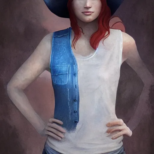 Image similar to an portrait of an beautiful woman wearing white t shirt and a blue vest and a cowboy hat, goddess, dirty clothes, flowing red hair, digital painting, artstation, concept art, soft light, hdri, smooth, sharp focus, illustration, fantasy, intricate, elegant, highly detailed, D&D, matte painting, in the style of Greg Rutkowski and Alphonse Mucha and artemisia, 8k, highly detailed, jurgens, rutkowski, bouguereau, pastoral, rustic, georgic, detailed concept art, illustration, colorful pastel, painting, detail, ultra detailed, digital art, 4K, unreal engine 5, 16k resolution,