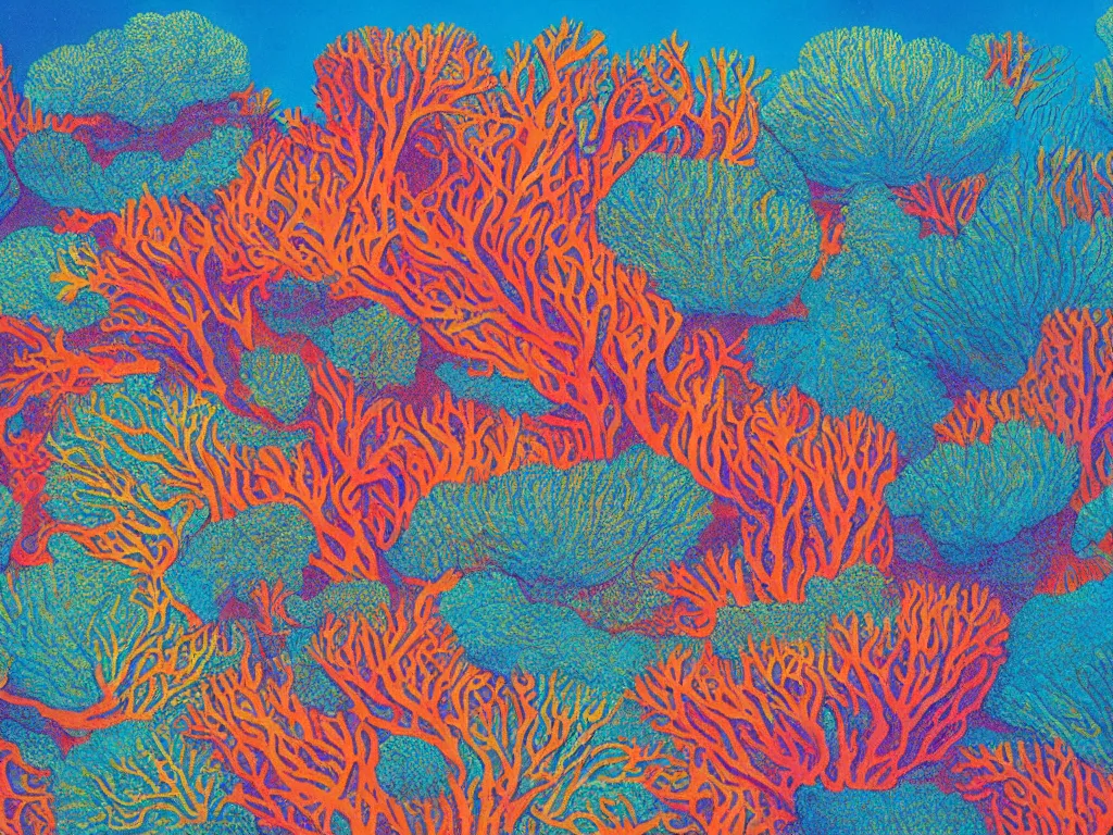 Image similar to Beautiful 1976 psychedelic textbook illustration of underwater coral seascape, highly detailed, 8k