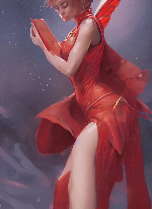 Image similar to Image of tiny pixie sitting on top of a human hand, D&D fantasy, wearing a red dress, intricate, highly detailed, digital painting, artstation, concept art, sharp focus, illustration, art by greg rutkowski and Ross Tran