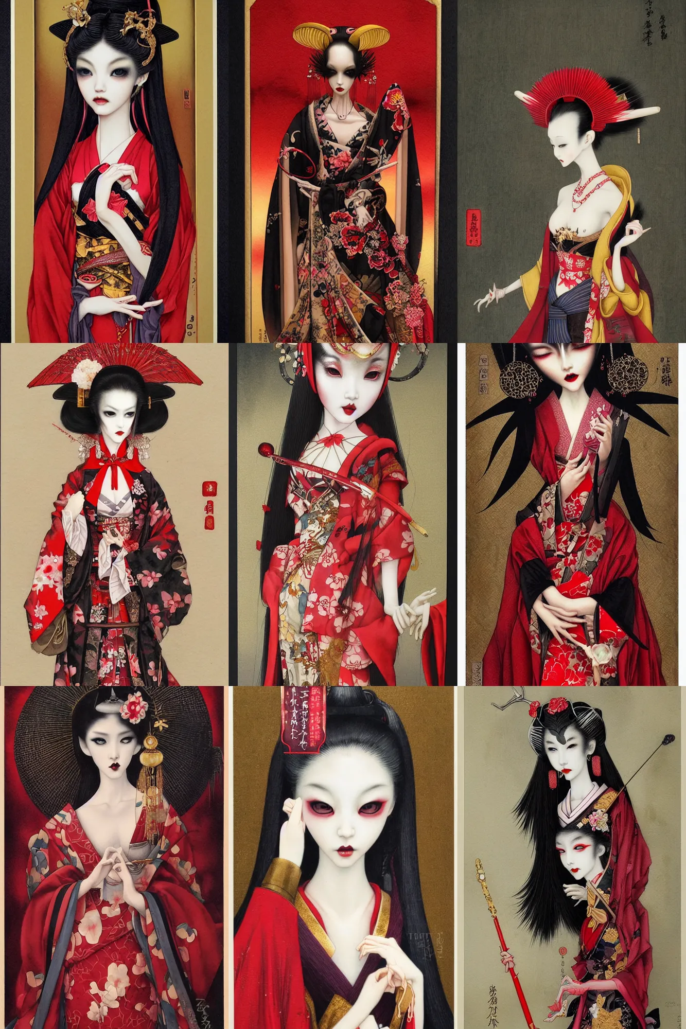 Prompt: watercolor painting of a japanese bjd geisha vampire with a long neck by tom bagshaw, ayami kojima, mark ryden in the style of thoth tarot card, red, gold black, lolitafashion