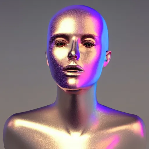 Image similar to 3d render of holographic human robotic head made of glossy iridescent, surrealistic 3d illustration of a human face non-binary, non binary model, 3d model human, cryengine, made of holographic texture, holographic material, holographic rainbow, concept of cyborg and artificial intelligence