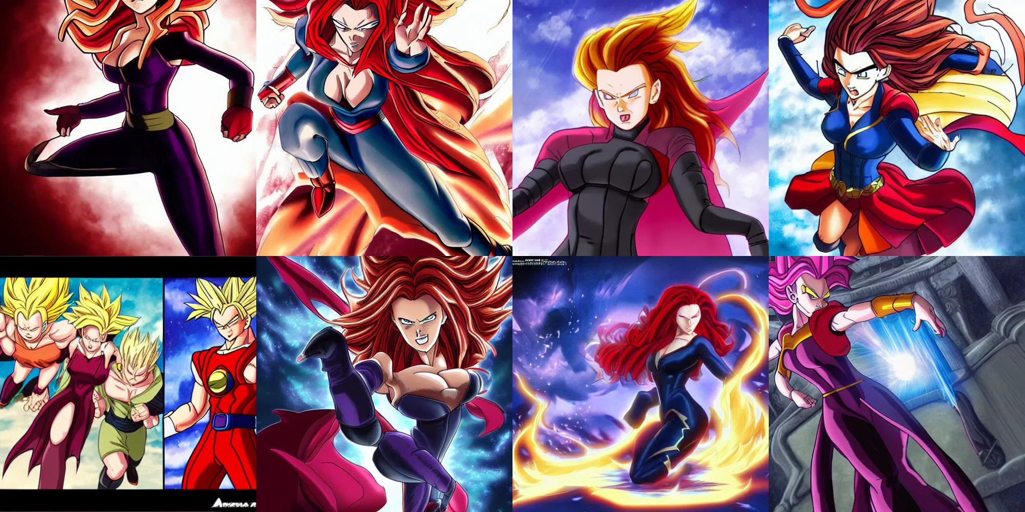 Prompt: scarlett witch, fantasy, castle, super sayain, dragonball z, ultra instinct, anime, art of akira toriyama