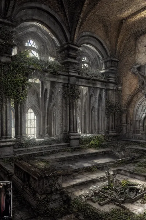 Prompt: the ruins of the crypt in the cemetery, intricate, ethereal, by luis royo, hyper detailed, weta digital, ray trace, unreal engine, trending on artist, beautifully lit, cinematic, soft light, photorealistic, volumetric, realistic, glossy, 8 k post - production, masterpiece, luxury, smooth