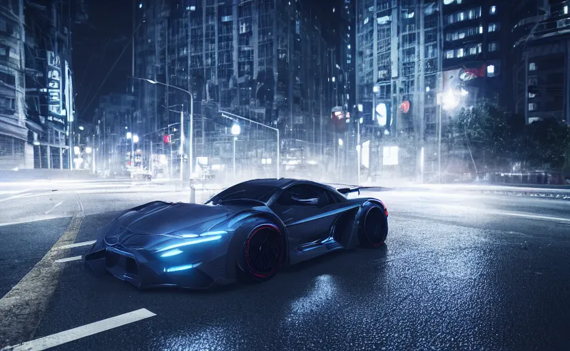 Prompt: a sport car in the streets at night whit blued headlights by Khyzyl Saleem, city landscape, stormy weather, atmospheric, trending artstaion, concept art, sharp focus, high detail, octane render, synth-wave