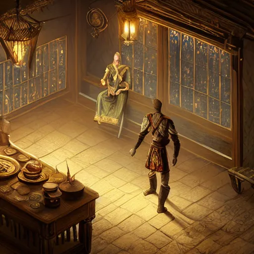 Image similar to the elder scrolls vi majestic gracious high elf merchant portrait, indoors rustic clothing shop, painted, dark room, one point of light coming through the window, atmospheric lighting, painted, intricate, volumetric lighting, beautiful, golden hour, sharp focus, ultra detailed, by mark kent, jordan lamarre - wan, igor kieryluk, maxim verehin, miranda meeks