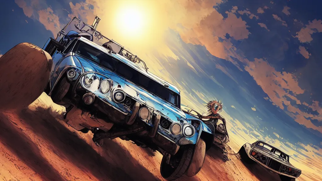 Prompt: anime illustration of mad max's fj 4 0 pursuit special riding fury road eternal shiny and chrome, world of fire and blood, the last v 8 interceptor driving down to the gates of valhalla highway, by makoto shinkai, ilya kuvshinov, lois van baarle, rossdraws, basquiat, global illumination ray tracing hdr