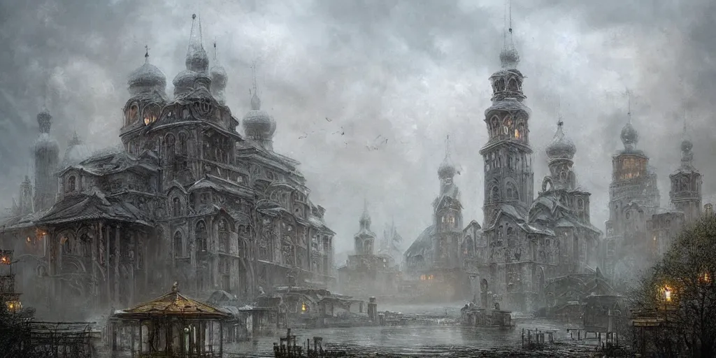 Prompt: beautiful magical ancient Slavic city of Kitezh in mist, magic lights, magic mist, strange buildings, oil painting, painting by Luis Royo , concept art, fantasy cityscape, ancient Russian architecture, painting by Ivan Shishkin, hyperborea, high resolution, trending on artstation, hyperrealism