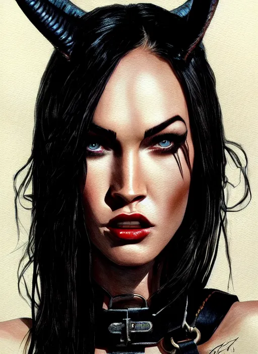 Image similar to portrait of megan fox as a evil demon with hornes, collar and leash, batwings, hell, dark, intricate, headshot, key visual, conceptart, ambient lighting, highly detailed, digital painting, artstation, concept art, sharp focus, by makoto shinkai and akihiko yoshida and greg manchess