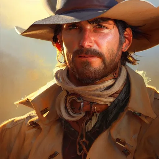 Image similar to rugged male cowboy, painted fantasy character portrait, highly detailed, digital painting, artstation, concept art, sharp focus, illustration, art by artgerm and greg rutkowski and alphonse mucha