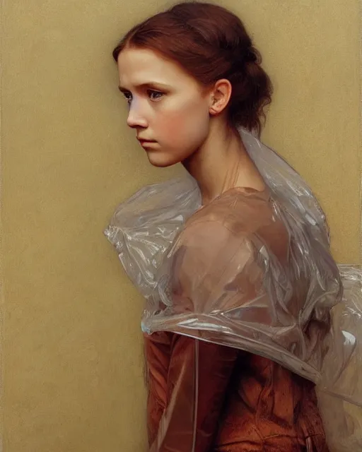 Image similar to a realistic portrait painting of a thoughtful girl resembling a young, shy, redheaded alicia vikander or millie bobby brown wearing a clear raincoat, highly detailed, intricate, concept art, artstation, by donato giancola, alphonse mucha, and william bouguereau