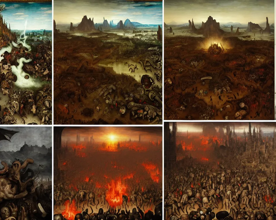 Image similar to doom eternal by jakub rozalski, zoomed garden of eternal delights hell by hieronymus bosh, zoom on triumph of death by pieter brueghel, doom eternal by hieronymus bosh