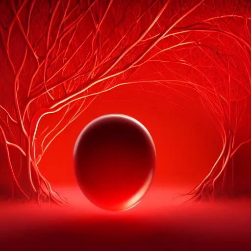 Image similar to Large red roots and thick red vines covering a giant red glowing egg and the entire room, dark red background, digital art, trending on artstation