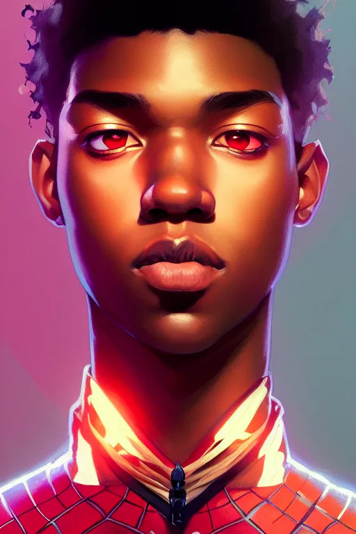 Image similar to a portrait of miles morales, fantasy, sharp focus, intricate, elegant, digital painting, artstation, matte, highly detailed, concept art, illustration, ambient lighting, art by ilya kuvshinov, artgerm, alphonse mucha, and greg rutkowski