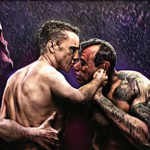 Prompt: joe rogan and jordan peterson in intimate embrace, artstation hall of fame gallery, editors choice, #1 digital painting of all time, most beautiful image ever created, emotionally evocative, greatest art ever made, magnum opus masterpiece, movie poster, 4k, highly detailed, cinematic lighting