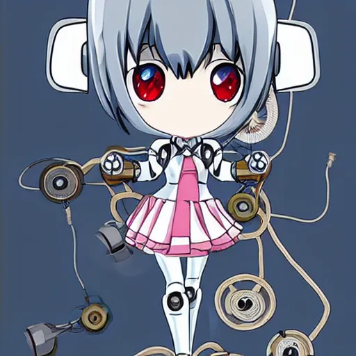 Image similar to Anime manga robot!! Anime girl, cyborg girl, exposed wires and gears, fully robotic!! girl, manga!! in the style of Junji Ito and Naoko Takeuchi, cute!! chibi!!! Schoolgirl, epic full color illustration