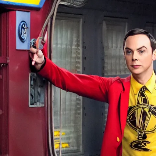 Prompt: Sheldon cooper as the flash train conductor