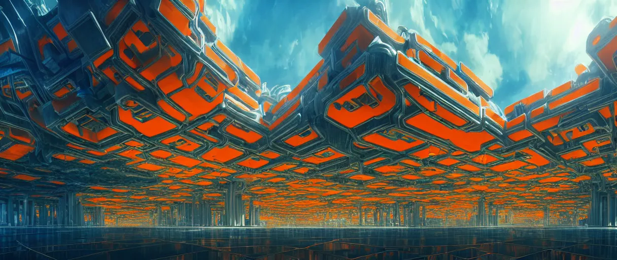 Prompt: hyperrealistic hyper detailed wide shot of neo-baroque futuristic colony with brutalist architecture and carnivorous plants matte painting concept art key sage jeff koons very dramatic orange and blue lighting high angle hd 8k sharp shallow depth of field