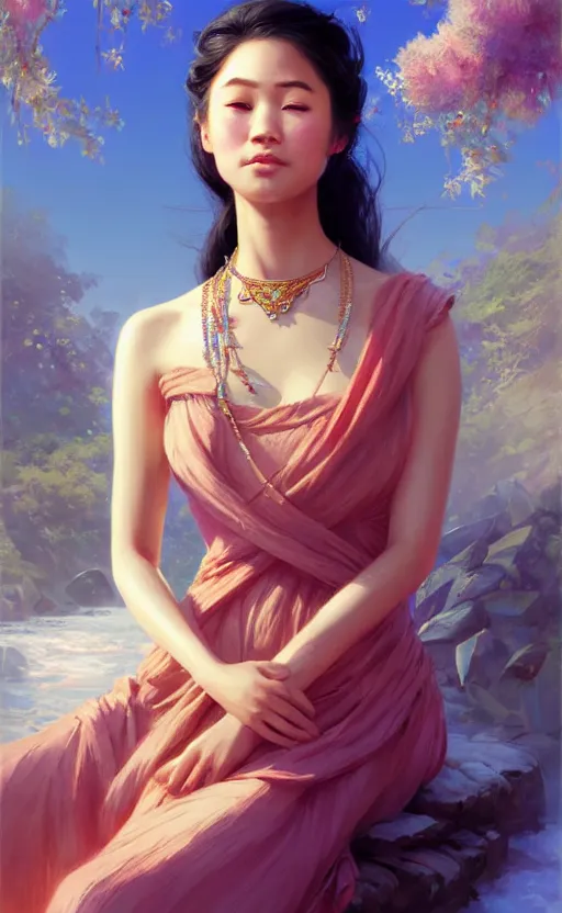 Image similar to a beautiful young charming asian goddess with sundress and jewelry | | winter, realistic shaded, unpleasant face, good looking, fine details, dior, lv, realistic shaded lighting poster by greg rutkowski, macoto takahashi, magali villeneuve, artgerm, jeremy lipkin and michael garmash