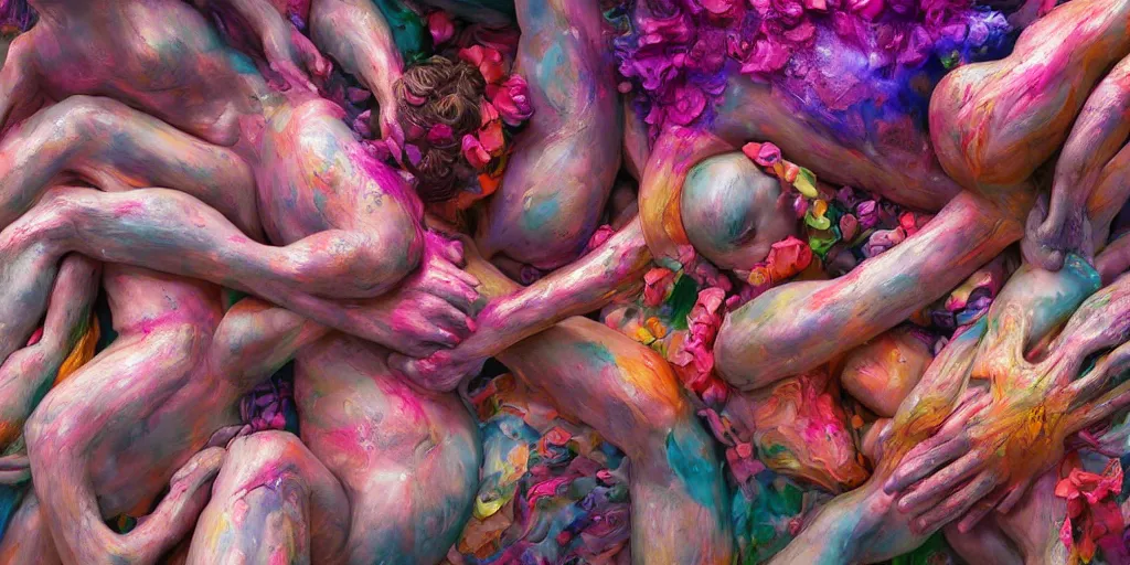 Image similar to closeup photograph of a surrealist sculpture human bodies intertwined, a lovely cornucopia of flowers and human body parts, body parts, paint pour, swirling paint, highly detailed, octane render, cinematic