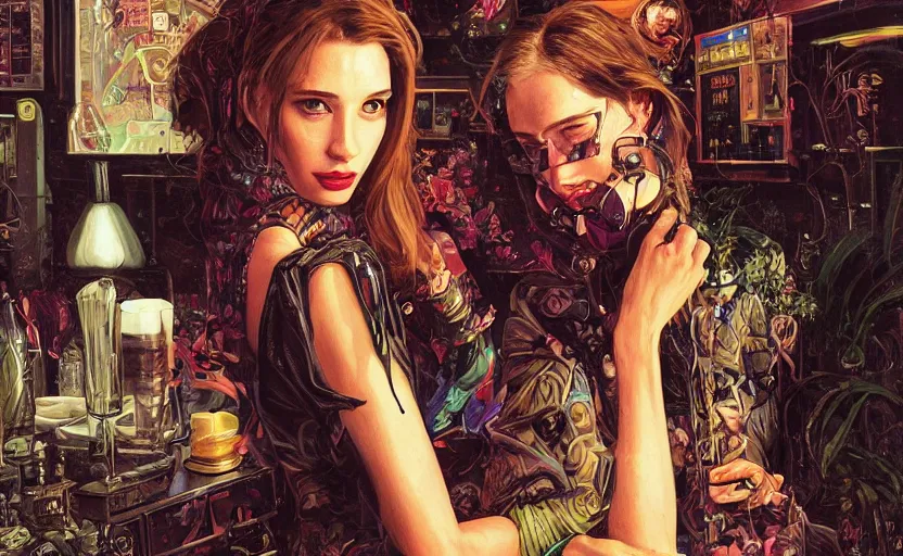 Image similar to sophisticated portrait of anne kendricks emma roberts kat dennings, 1 9 9 0 s flower power hippy, very smoky cyberpunk paris bar, elegance, highly detailed, shallow depth of field, artstation, artgerm, moebius, dark cyberpunk neon atmosphere, donato giancola and joseph christian leyendecker