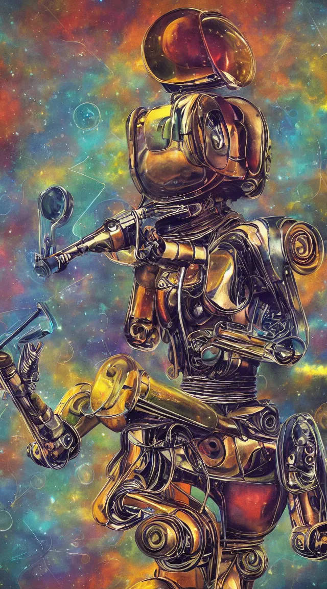 Image similar to jazz, sci fi, music notes, robot, wallpaper, masterpiece, hdr, hyperrealistic