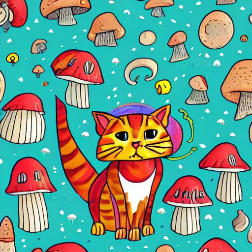 Image similar to tabby cat in an alien planet full of mushrooms, fantasy, vivid colors