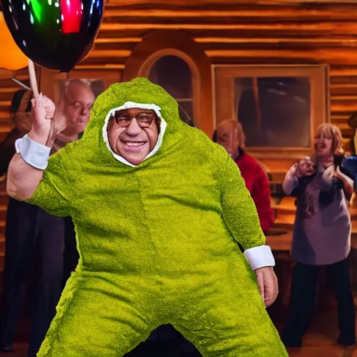 Prompt: Danny Devito dancing while wearing a pickle costume, photorealistic, fine detail, portrait, 8k hdr, photo