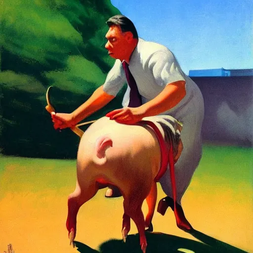 Image similar to highly detailed propaganda poster portrait of the leader of fascist hungary, viktor orban riding a pig during a traditional pig slaughter, painted by edward hopper