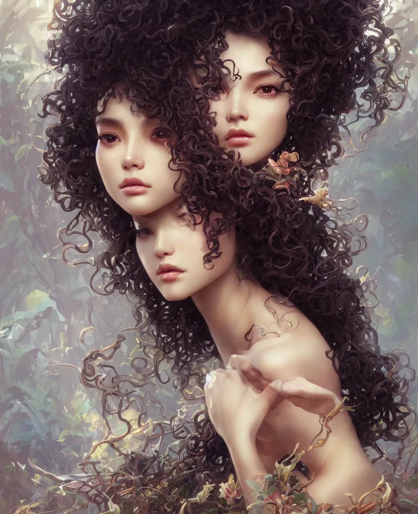 Prompt: ultra realistic beautiful fantasy art, beautiful alluring anime woman, afro big curls, gorgeous face and figure, sci - fi, fantasy, intricate, elegant, highly detailed, digital painting, artstation, concept art, smooth, sharp focus, illustration, art by tian zi and yuxiang chen and alphonse mucha and greg rutkowski