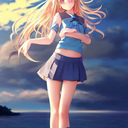 Image similar to a very beautiful anime cute girl, full body, long wavy blond hair, sky blue eyes, full round face, short smile, fancy top, miniskirt, front view, summer lake setting, cinematic lightning, medium shot, mid-shot, highly detailed, cinematic wallpaper by Stanley Artgerm Lau