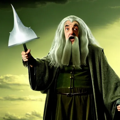 Prompt: mr. bean as gandalf from lord of the rings. movie still. cinematic lighting.