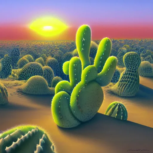 Image similar to a cactus made of translucent liquid in a desert sunset, by vladimir kush, by roger dean, 4k resolution, detailed and intricate, recursive, volumetric lighting, sunset desert color scheme, rendered in redshift, realistic shadows, -20 W 854