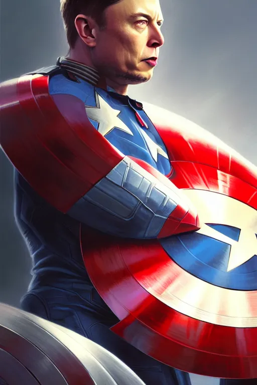 Image similar to elon musk as captain america, portrait, highly detailed, digital painting, artstation, concept art, smooth, sharp focus, illustration, cinematic lighting, art by artgerm and greg rutkowski and alphonse mucha