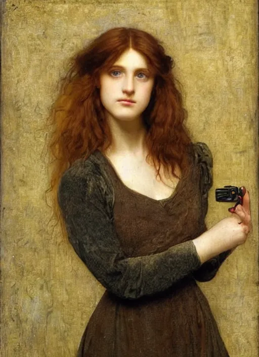 Prompt: Pre-Raphaelite young beautiful woman with blond hair holding a camera