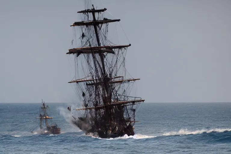 Prompt: closeup pirate crew running down beach as pirate ship fires canons, sand explosion 2 0 0 mm by emmanuel lubezki